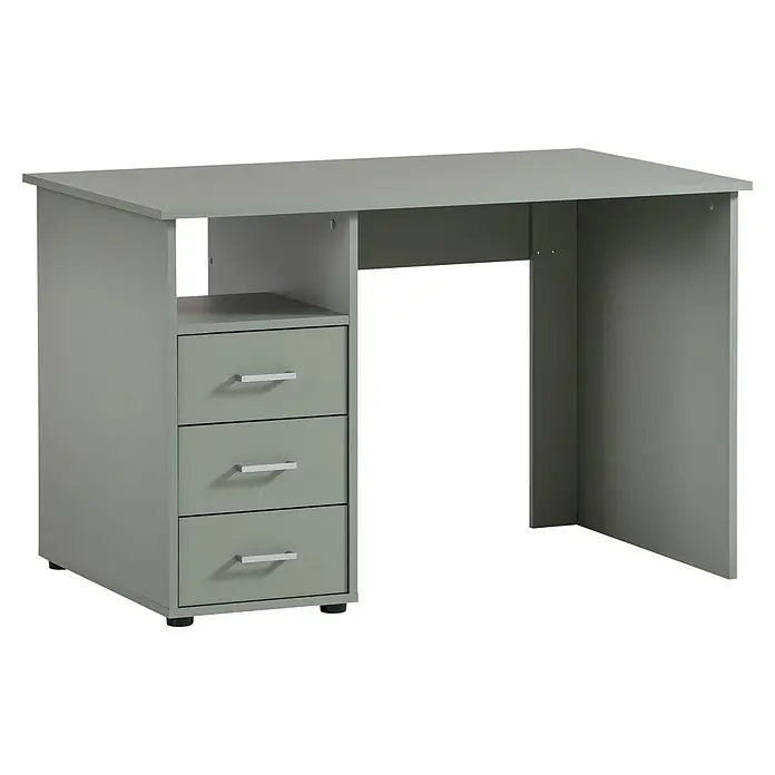Schildmeyer Niels Schreibtisch - L x B x H: 70 x 116 x 74 cm, Holzwerkstoff, Pistazie - Salbeigrüner Schreibtisch mit drei Schubladen, offenem Regal und Beinfreiheit.