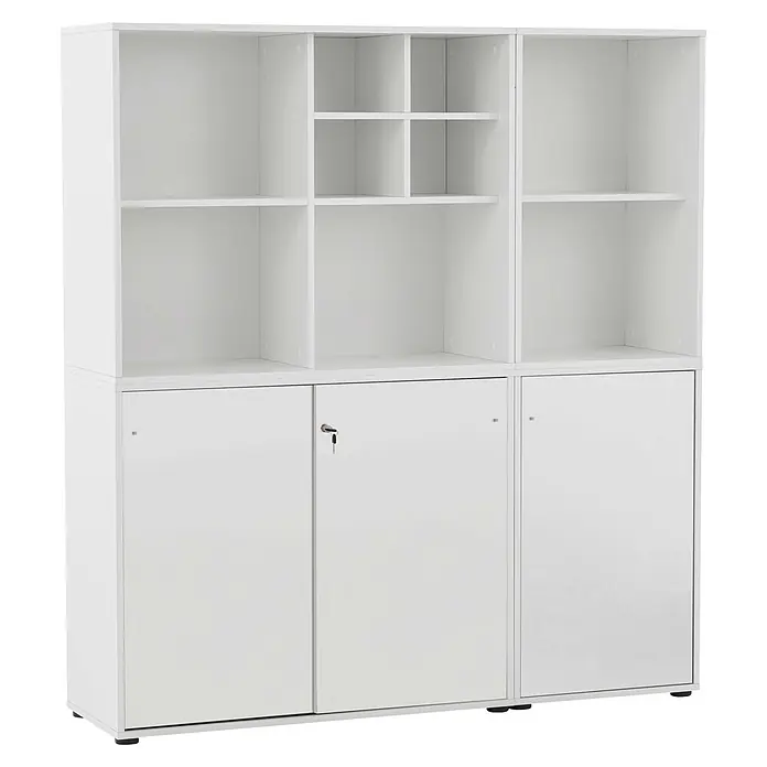 Schildmeyer Serie 400 Holz-Mehrzweckschrank - L x B x H: 196,8 x 349,5 x 372,8 cm, Weiß - Weißer Büroschrank mit offenen Regalen und geschlossenen Unterschränken, einer mit Schlüssel.
