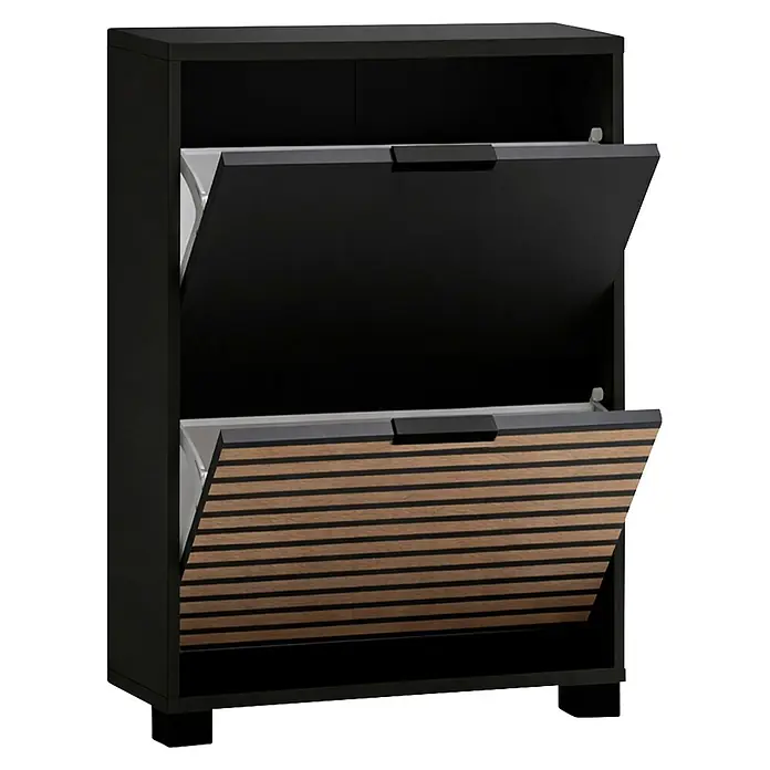 Schildmeyer Hank Schuhschrank - L x B x H: 19,5 x 59,8 x 85,7 cm, Schwarz - Dunkelbrauner Schuhschrank mit zwei Kippschubladen. Die obere Schublade ist schwarz, die untere hat Holzlamellen.