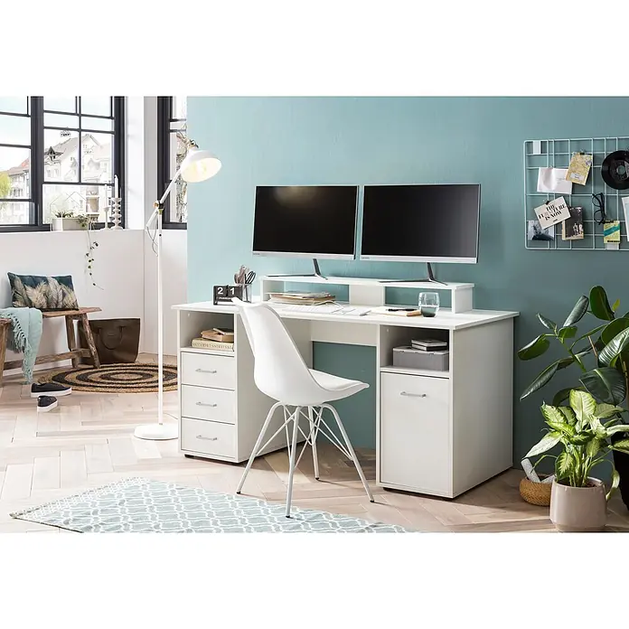 Schildmeyer Niels Schreibtisch mit Aufsatz - L x B x H: 70 x 150 x 86,7 cm, Holzwerkstoff, Weiß - Weißer moderner Schreibtisch mit integriertem Stauraum und Monitoraufsatz im Home-Office.