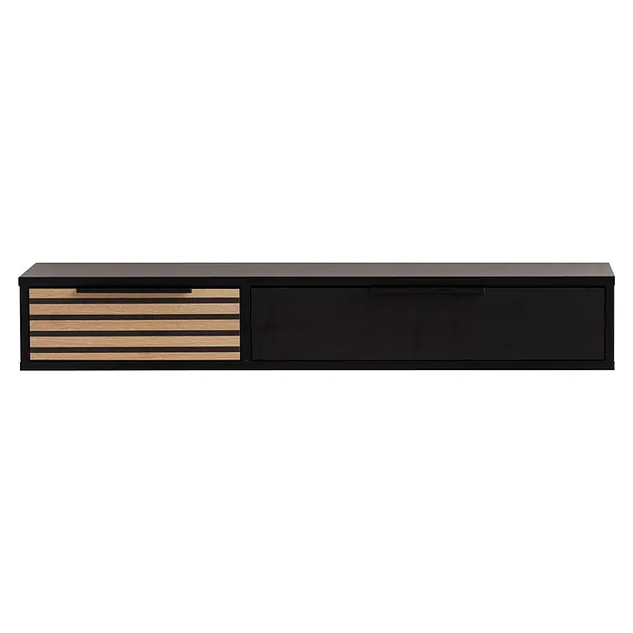 Schildmeyer Hank Konsolentisch - 32 x 103,7 x 16,4 cm, Holzwerkstoff, Schwarz - Schwarzer und heller Holzschrank mit gestreifter Schublade und großer schwarzer Schublade zur Aufbewahrung.