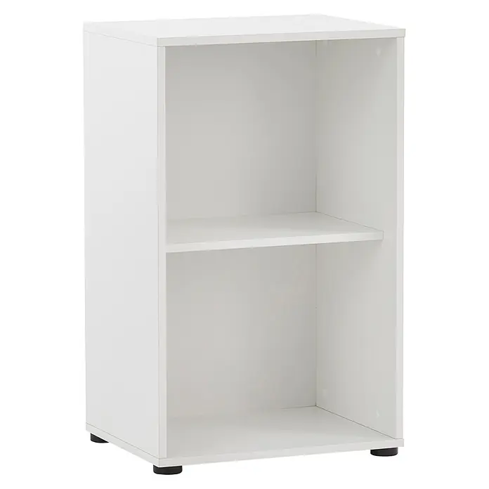 Schildmeyer Serie 400 Holz-Mehrzweckschrank - L x B x H: 196,8 x 349,5 x 372,8 cm, Weiß - Weißes Holzregal mit einem verstellbaren Boden, das zwei offene Fächer bildet, auf schwarzen Füßen.