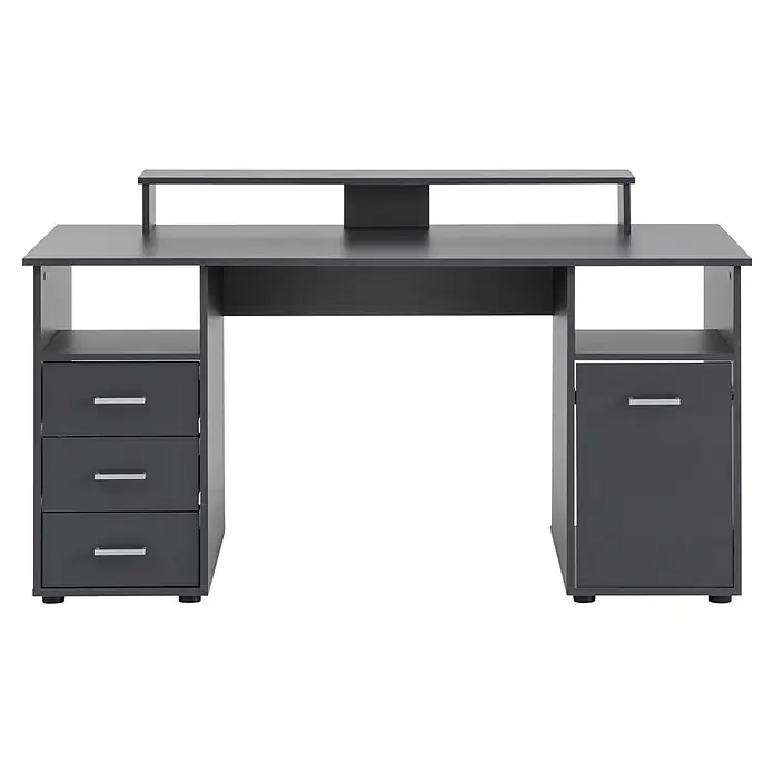 Schildmeyer Niels Schreibtisch mit Aufsatz - L x B x H: 70 x 150 x 86,7 cm, Holzwerkstoff, Anthrazit - Dunkelgrauer Computertisch mit Monitoraufsatz, drei Schubladen links und einem Schrank rechts, mit silbernen Griffen.