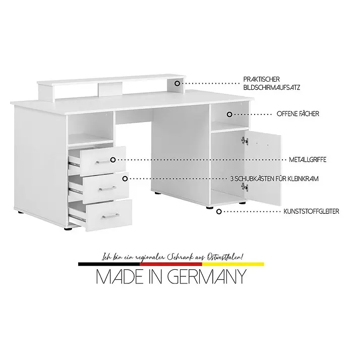 Schildmeyer Niels Schreibtisch mit Aufsatz - L x B x H: 70 x 150 x 86,7 cm, Holzwerkstoff, Weiß - Weißer Schreibtisch mit Monitoraufsatz, offenen Fächern, drei Schubkästen mit Metallgriffen und einem Schrankfach, ausgestattet mit Kunststoffgleitern.