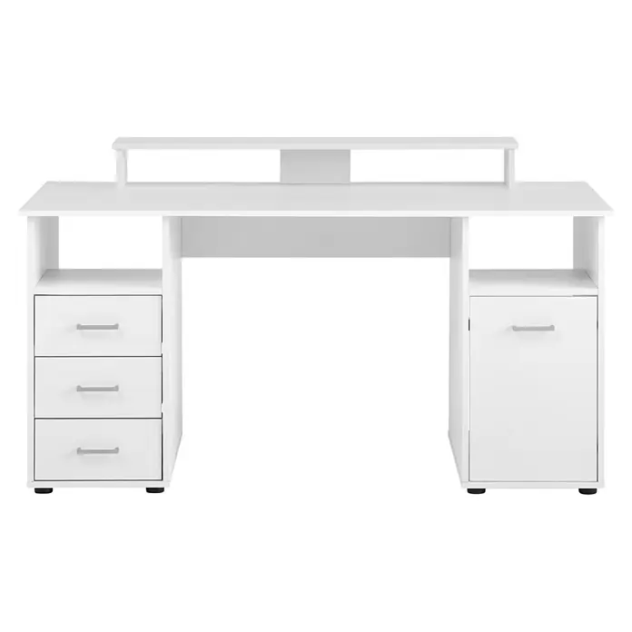 Schildmeyer Niels Schreibtisch mit Aufsatz - L x B x H: 70 x 150 x 86,7 cm, Holzwerkstoff, Weiß - Weißer Schreibtisch mit Monitoraufsatz, drei Schubladen links und rechtem Schrank.