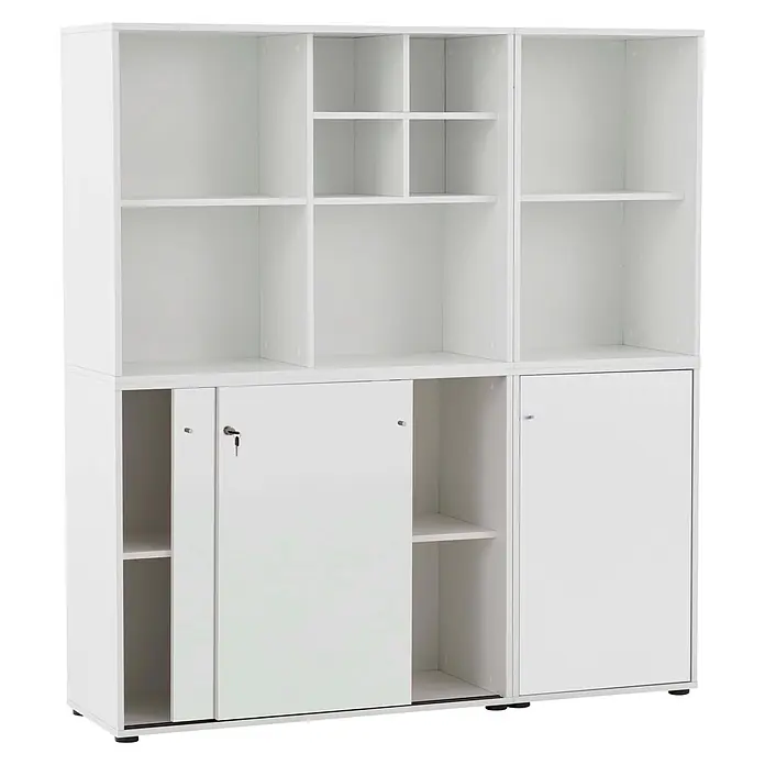 Schildmeyer Serie 400 Holz-Mehrzweckschrank - L x B x H: 196,8 x 349,5 x 372,8 cm, Weiß - Weißes modulares Aufbewahrungsregal mit offenen Fächern, Schiebetüren und Schlüsselschloss.