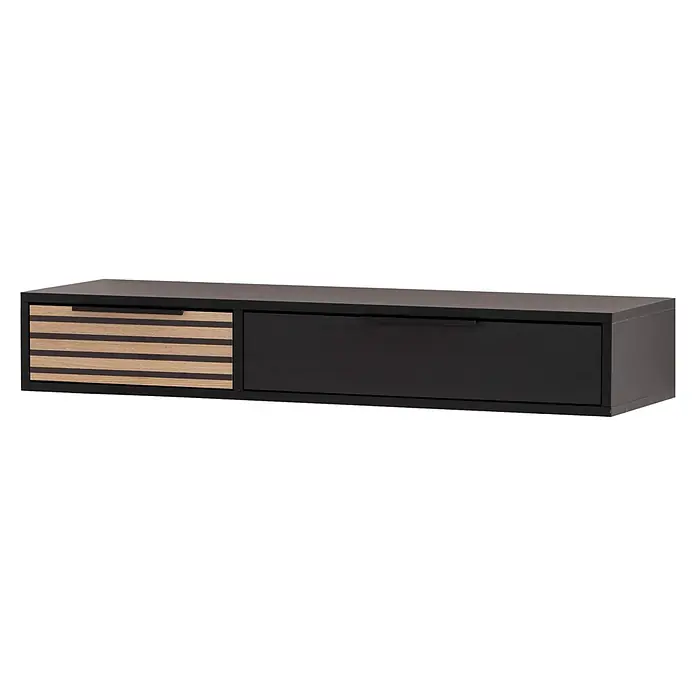Schildmeyer Hank Konsolentisch - 32 x 103,7 x 16,4 cm, Holzwerkstoff, Schwarz - Dunkelgraues TV-Board mit einer naturholzlamellierten Schublade und einer schlichten dunkelgrauen Schranktür.
