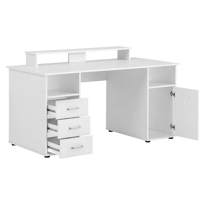 Schildmeyer Niels Schreibtisch mit Aufsatz - L x B x H: 70 x 150 x 86,7 cm, Holzwerkstoff, Weiß - Weißer Schreibtisch mit drei offenen Schubladen, einem offenen Schrank und einer kleinen Ablage.