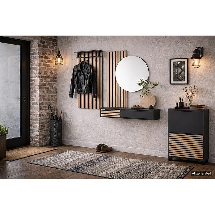 Schildmeyer Hank Konsolentisch - 32 x 103,7 x 16,4 cm, Holzwerkstoff, Schwarz - Moderne Garderobenset aus Schwarz und Naturholz mit Lamellen-Garderobenständer, schwebender Konsole, rundem Spiegel und Schuhschrank.