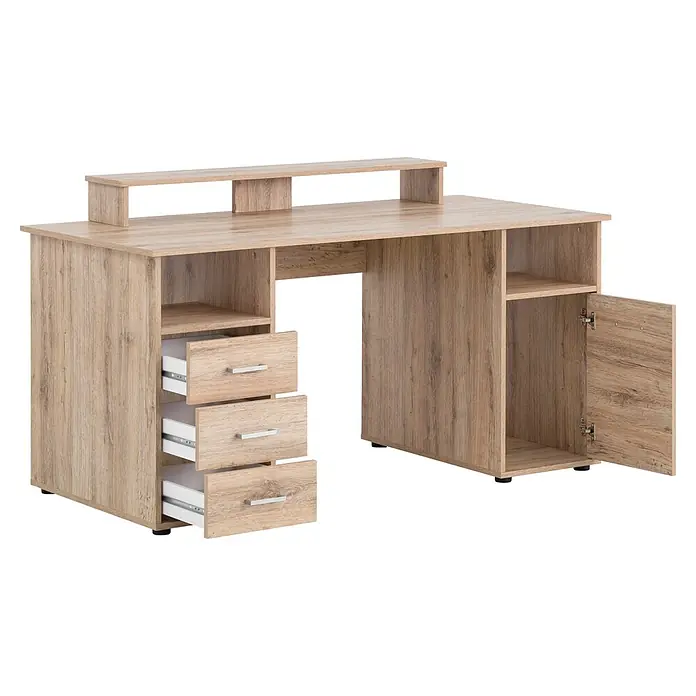 Schildmeyer Niels Schreibtisch mit Aufsatz - L x B x H: 70 x 150 x 86,7 cm, Holzwerkstoff, Wildeiche - Heller Holz-Schreibtisch mit mehreren Schubladen, offenen Fächern und einem Seitenschrank.
