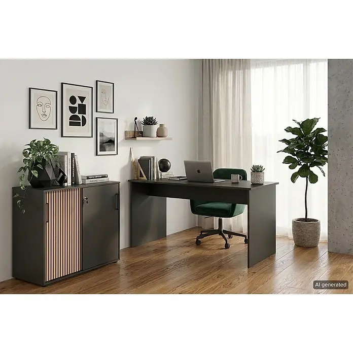 Schildmeyer Hank Schreibtisch - L x B x H: 65 x 144 x 73,6 cm, Holzwerkstoff, Schwarz - Dunkelgrauer Schreibtisch für das Home-Office mit passendem Schrank und Naturholzlamellen. Der Tisch trägt Laptop, Bücher und eine Pflanze.