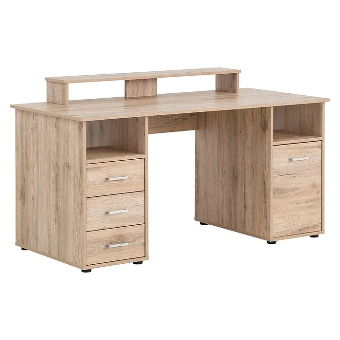 Schildmeyer Niels Schreibtisch mit Aufsatz - L x B x H: 70 x 150 x 86,7 cm, Holzwerkstoff, Wildeiche - Heller Schreibtisch in Holzoptik mit Monitorständer, offenen Fächern und mehreren Schubladen.