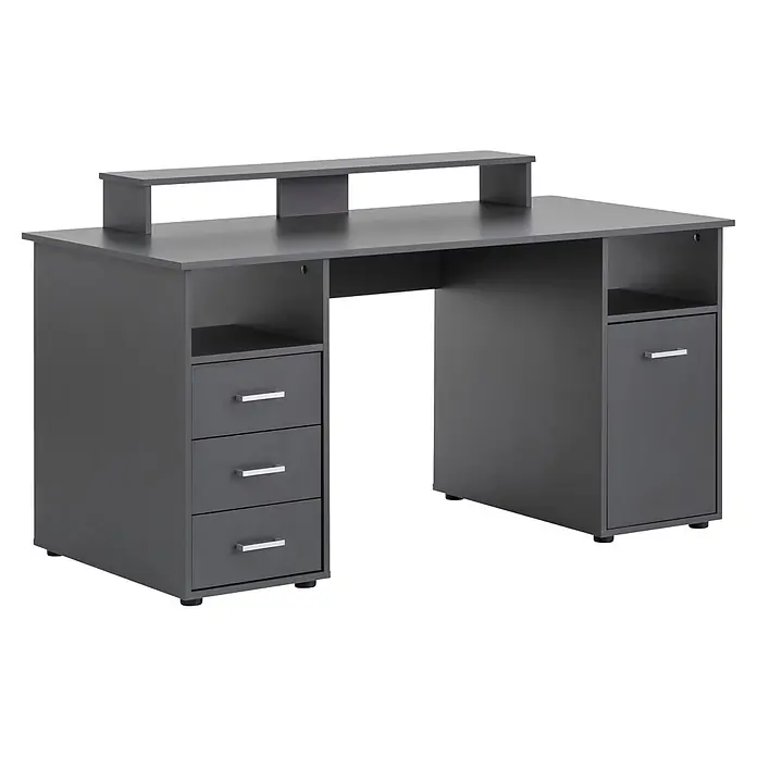 Schildmeyer Niels Schreibtisch mit Aufsatz - L x B x H: 70 x 150 x 86,7 cm, Holzwerkstoff, Anthrazit - Dunkelgrauer Computertisch mit erhöhtem Monitorregal, drei Schubladen und einem Schrank.