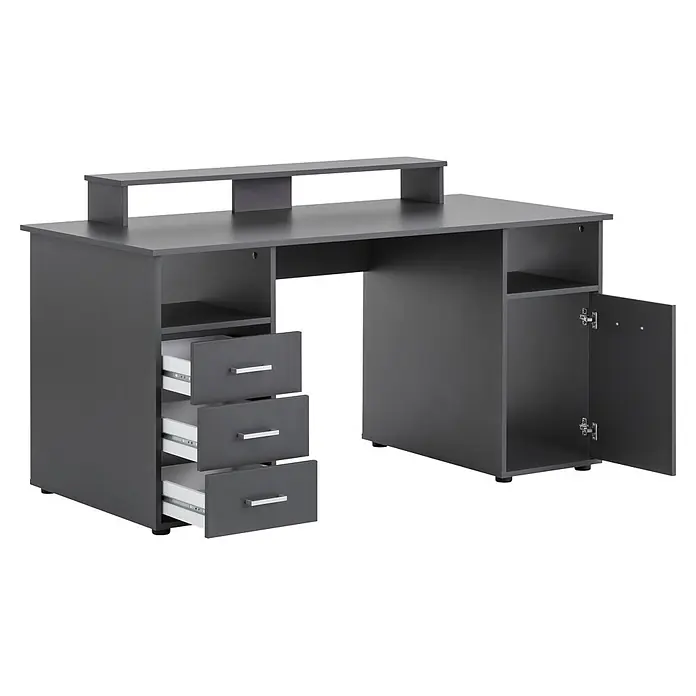 Schildmeyer Niels Schreibtisch mit Aufsatz - L x B x H: 70 x 150 x 86,7 cm, Holzwerkstoff, Anthrazit - Ein dunkelgrauer Schreibtisch mit erhöhtem Regal, drei offenen Schubladen links und einem Schrank mit offener Tür und Einlegeboden rechts.