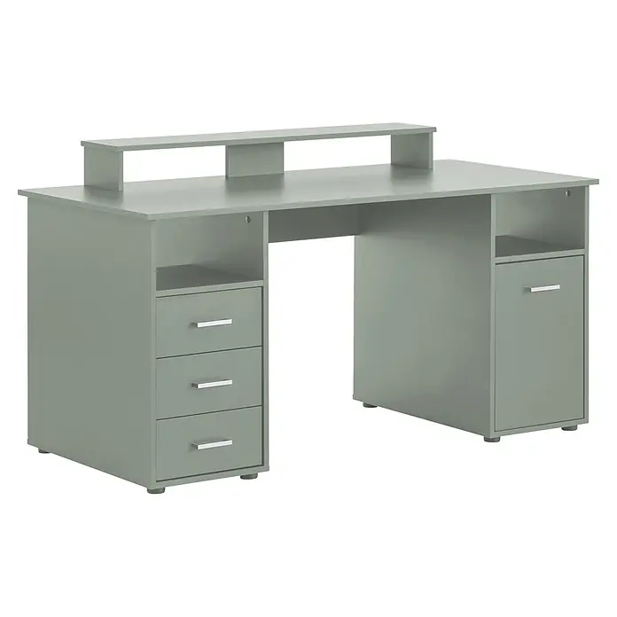 Schildmeyer Niels Schreibtisch mit Aufsatz - L x B x H: 70 x 150 x 86,7 cm, Holzwerkstoff, Pistazie - Hellgrüner Computertisch mit Monitorablage, drei Schubladen und einem Seitenschrank für geordnete Aufbewahrung.