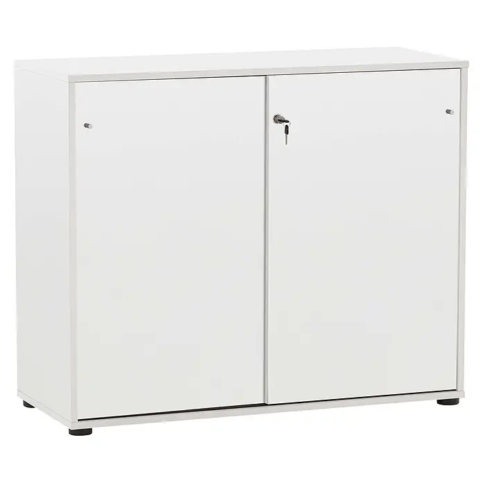 Schildmeyer Serie 400 Holz-Mehrzweckschrank - L x B x H: 196,8 x 349,5 x 372,8 cm, Weiß - Weißer zweitüriger Schrank mit Schloss und Schlüssel, auf schwarzen Füßen stehend.