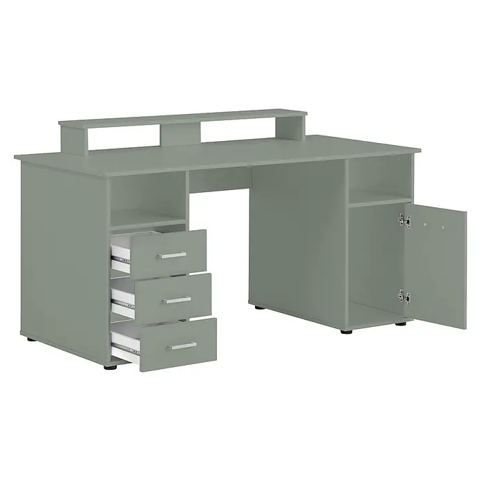 Schildmeyer Niels Schreibtisch mit Aufsatz - L x B x H: 70 x 150 x 86,7 cm, Holzwerkstoff, Pistazie - Salbeigrüner Schreibtisch mit Regalaufsatz, drei geöffneten Schubladen links und einem Schrank mit offener Tür und Fächern rechts.