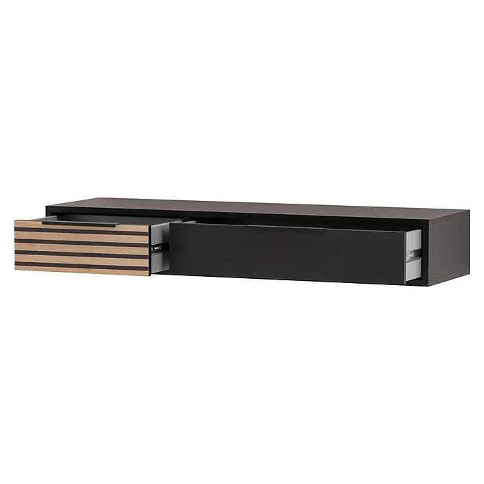 Schildmeyer Hank Konsolentisch - 32 x 103,7 x 16,4 cm, Holzwerkstoff, Schwarz - Dunkelgraue wandmontierte Schubladeneinheit mit zwei geöffneten Schubladen: eine Holz mit dunklen Streifen, eine dunkelgrau.