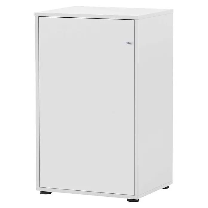 Schildmeyer Serie 400 Unterschrank - L x B x H: 41 x 50,9 x 83,6 cm, Weiß - Kompakter weißer Lagerschrank mit Einzeltür und Knopfgriff, auf schwarzen Füßen stehend.