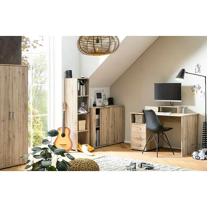 Schildmeyer Niels Schreibtischaufsatz - B x H: 55 x 12,7 cm, Wildeiche - Home-Office-Möbelset in heller Holzoptik mit Schreibtisch, Stuhl und Stauraum, in hellem Raum arrangiert.
