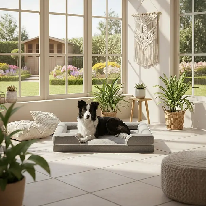 belviona Haustierbett - 80 x 106 x 17 cm, Textil, Grau - Ein schwarz-weißer Border Collie ruht bequem auf einem weichen, grauen rechteckigen Hundebett in einem hellen, sonnigen Raum.