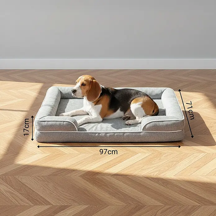 belviona Haustierbett - 71 x 97 x 17 cm, Textil, Grau - Graues Hundebett mit weißer Paspel, 97x71x17cm, mit einem Beagle, der bequem darin liegt.