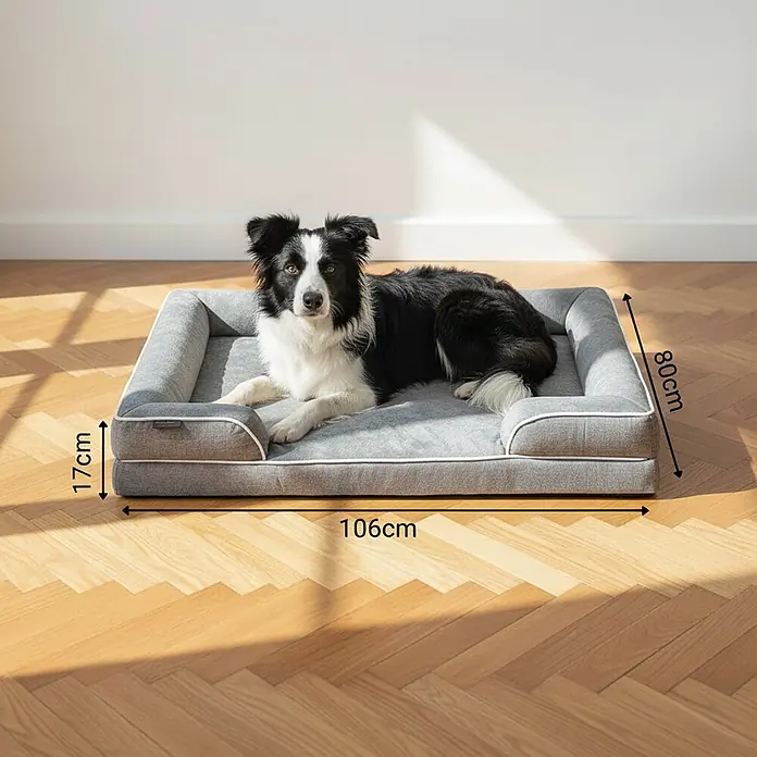 belviona Haustierbett - 80 x 106 x 17 cm, Textil, Grau - Graues Stoff-Hundebett mit weißer Paspelierung, ein Border Collie liegt darauf; Maße 106x80x17cm sind angegeben.