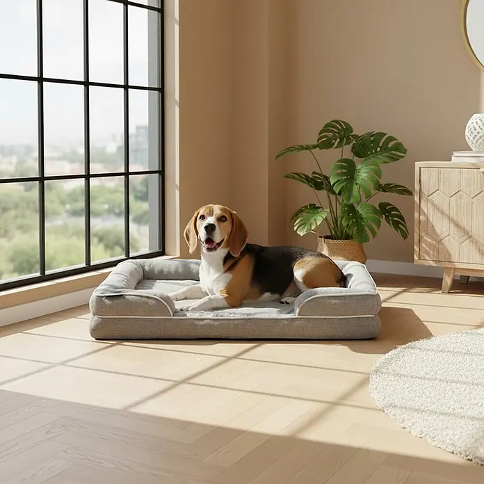 belviona Haustierbett - 71 x 97 x 17 cm, Textil, Grau - Graues Hundebett mit einem Beagle, der gemütlich in einem sonnigen Raum darauf liegt.