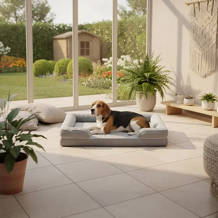 belviona Haustierbett - 71 x 97 x 17 cm, Textil, Grau - Graues Stoff-Hundebett mit weißer Paspelierung, in dem ein Beagle bequem ruht.