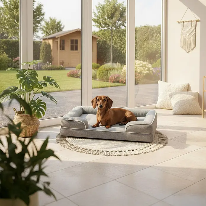 belviona Haustierbett - 63 x 89 x 17 cm, Textil, Grau - Ein brauner Dackel liegt bequem auf einem grauen, rechteckigen Hundebett mit weißer Paspelierung auf einem runden Teppich in einem hellen Raum.