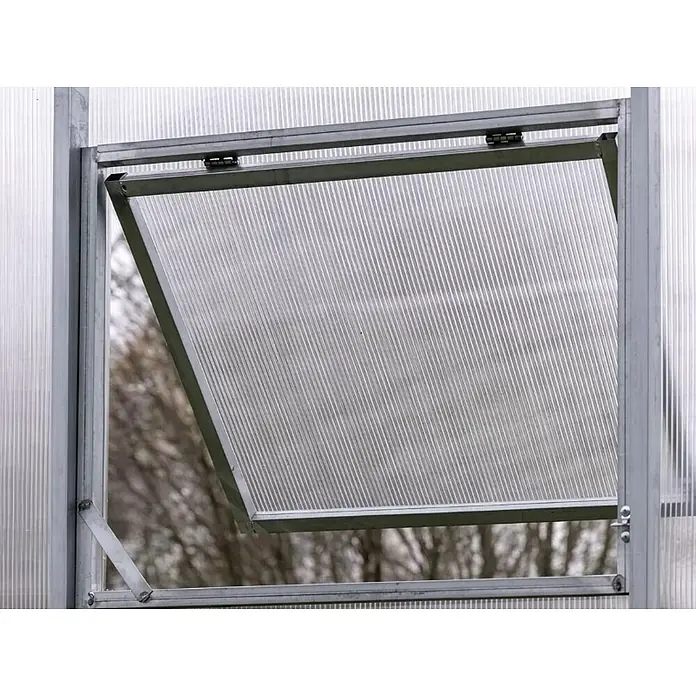 Garten Dream Gewächshaus-Fensterrahmen Gardener - 4 x 64 x 98 cm, Silber, Passend für: Garten Dream "Gardener" - Geöffnetes Gewächshaus-Lüftungsfenster mit klarem, gewelltem Polycarbonat und silbernem Aluminiumrahmen.