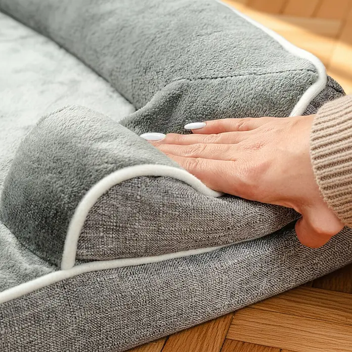 belviona Haustierbett - 71 x 97 x 17 cm, Textil, Grau - Eine Hand drückt sanft in ein weiches, graues Plüsch-Hundebett mit strukturierten Seiten, um den Komfort hervorzuheben.
