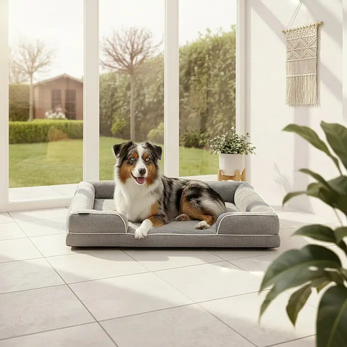 belviona Haustierbett - 89 x 122 x 20 cm, Textil, Grau - Ein graues Hundebett mit weißer Paspelierung, auf dem ein glücklicher Australian Shepherd Hund bequem liegt.