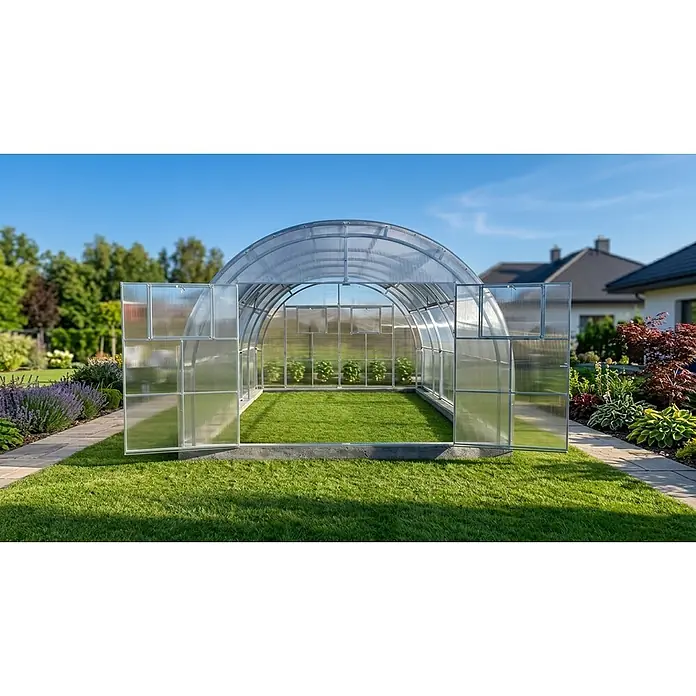 Garten Dream Gewächshaus-Fensterrahmen Oasis - 2,5 x 76 x 100 cm, Silber, Passend für: Garten Dream "Oasis" - Bogenförmiges Gewächshaus aus transparentem Polycarbonat und Metallrahmen auf Rasen im Garten. Türen sind offen.