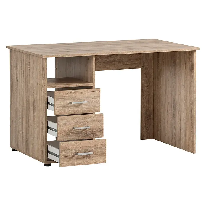 Schildmeyer Niels Schreibtisch - L x B x H: 70 x 116 x 74 cm, Holzwerkstoff, Wildeiche - Heller Holzschreibtisch mit integriertem offenem Regal und drei teilweise geöffneten Schubladen.
