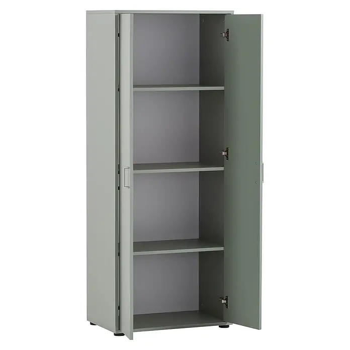 Schildmeyer Niels Holz-Mehrzweckschrank - L x B x H: 41 x 65,1 x 163,6 cm, Pistazie - Hoher hellgrauer Schrank mit einer offenen Tür, der mehrere Innenablagen zeigt.