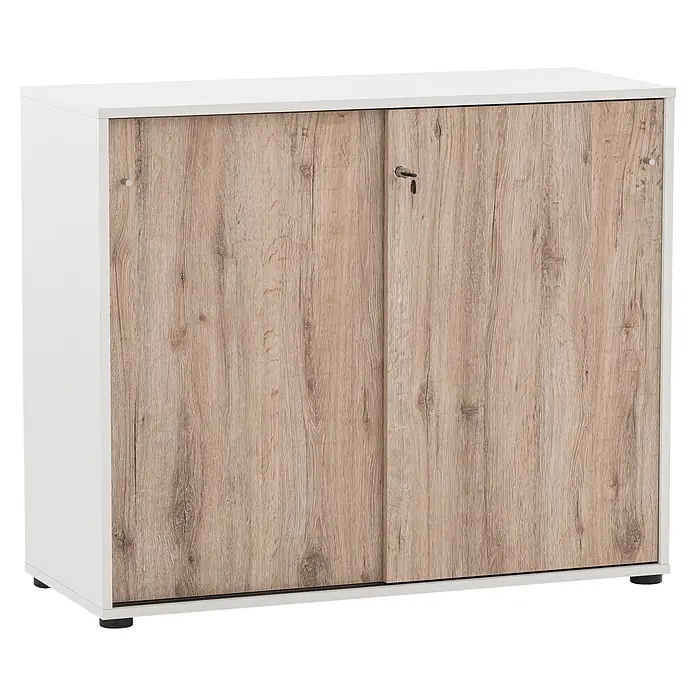 Schildmeyer Serie 400 Unterschrank - L x B x H: 41 x 100,1 x 83,6 cm, Weiß/Eiche - Weißer Schrank mit zwei hellen Holzmaser-Schiebetüren. Eine Tür hat einen Schlüssel im Schloss, die andere einen silbernen Knopf.