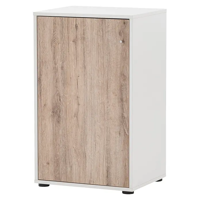 Schildmeyer Serie 400 Unterschrank - L x B x H: 41 x 50,9 x 83,6 cm, Weiß/Eiche - Kleiner weißer Schrank mit heller Holzmaserungstür, silbernem Knauf und schwarzen Füßen.