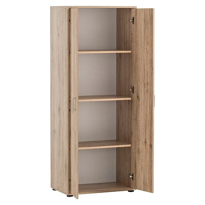 Schildmeyer Niels Holz-Mehrzweckschrank - L x B x H: 41 x 65,1 x 163,6 cm, Wildeiche - Heller Holzoptik-Schrank mit zwei offenen Türen, der vier interne Ablageflächen zum Verstauen zeigt.