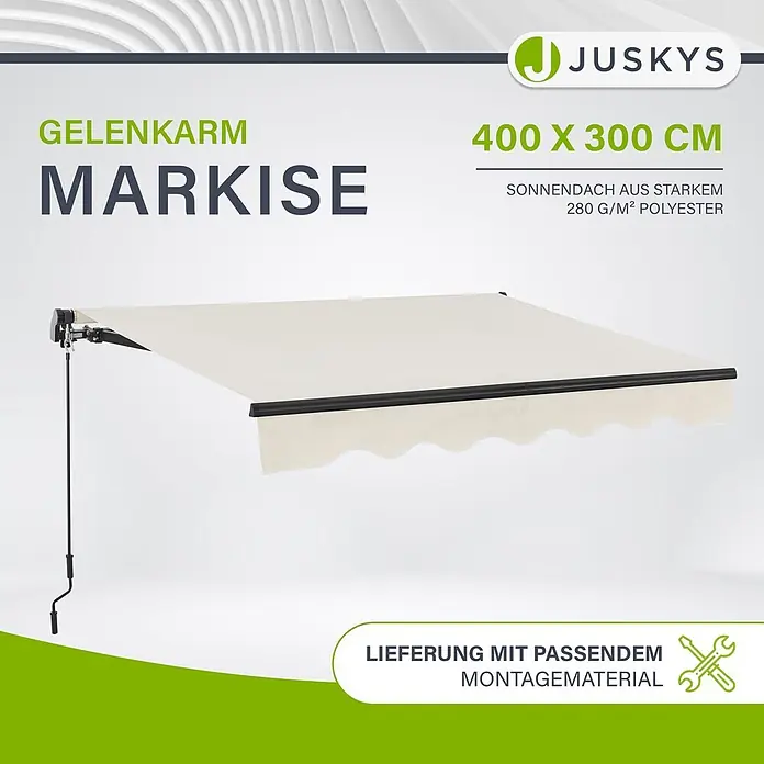 Juskys Gelenkarmmarkise - Breite: 4 m, Ausfall: 3 m - Creme-farbene 400x300 cm Gelenkarmmarkise aus starkem Polyester mit schwarzem Gestell.