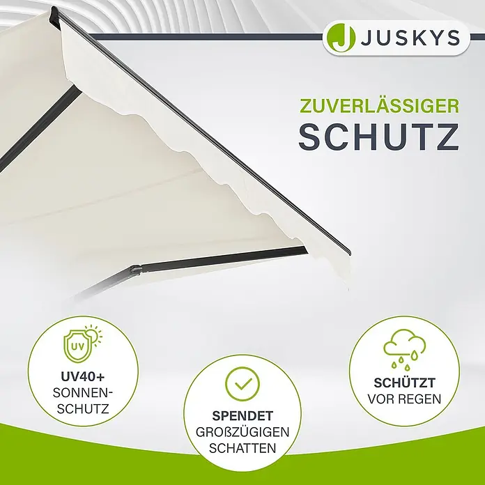 Juskys Gelenkarmmarkise - beige, Breite: 2,5 m, Ausfall: 2 m - Creme-farbige Markise mit zuverlässigem UV40+ Sonnen-, großzügigem Schatten- und Regenschutz.