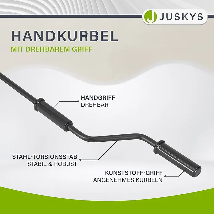 Juskys Gelenkarmmarkise - beige, Breite: 2,5 m, Ausfall: 2 m - Schwarze Handkurbel mit Stahl-Torsionsstab und drehbarem Kunststoffgriff für angenehmes Kurbeln.
