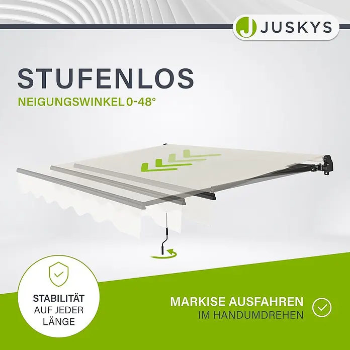 Juskys Gelenkarmmarkise - beige, Breite: 2,5 m, Ausfall: 2 m - Weiße verstellbare Markise mit Kurbelmechanismus für stufenlosen Neigungswinkel und einfaches Ausfahren.