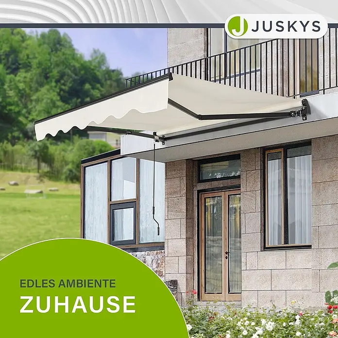 Juskys Gelenkarmmarkise - beige, Breite: 2,5 m, Ausfall: 2 m - Cremefarbene Markise mit schwarzem Gestell über einem Terrasseneingang installiert, spendet Schatten.
