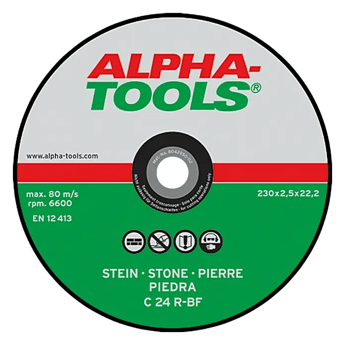 Alpha Tools Disco de corte C 24R-BF - 230 mm, Espesor disco: 2,5 mm, 5 ud., Apto para: Piedra - Imagen de un disco de corte para piedra Alpha-Tools, detallando las especificaciones técnicas y las normas de seguridad.