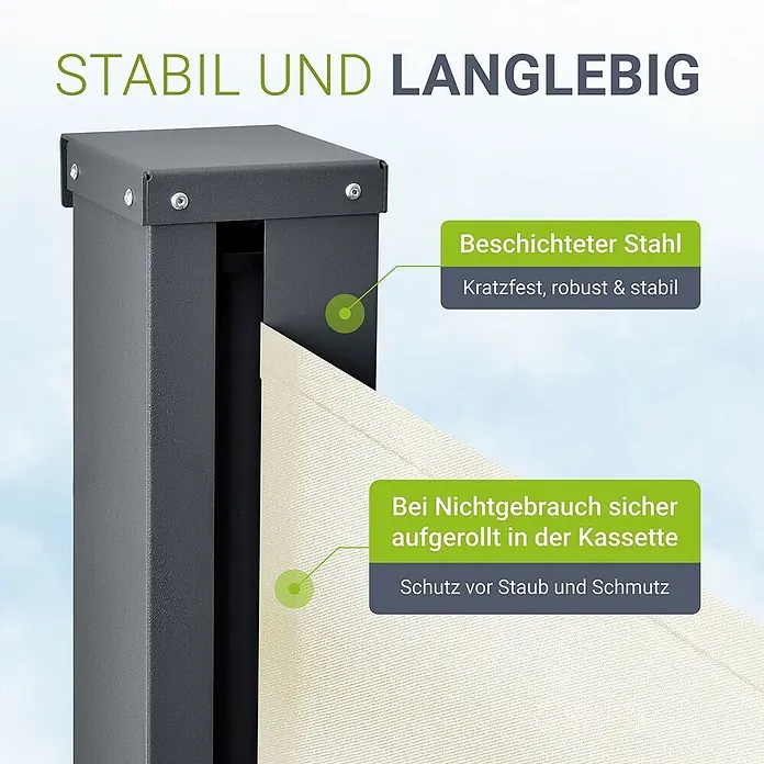 Juskys Klemmmarkise - beige, Breite: 5 m, Ausfall: 5 m - Graue Kassette aus beschichtetem Stahl schützt eingerolltes cremefarbenes Gewebe, betont Stabilität, Langlebigkeit und Staubschutz.