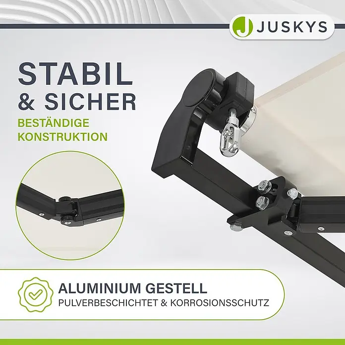 Juskys Standmarkise - beige, Breite: 3 m, Ausfall: 2,5 m - Detail des schwarzen, pulverbeschichteten Aluminiumrahmens einer Markise, betont stabile Konstruktion und Korrosionsschutz.