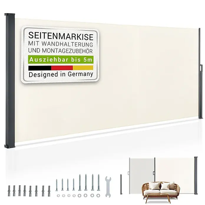 Juskys Klemmmarkise - beige, Breite: 5 m, Ausfall: 5 m - Creme-farbene ausziehbare Seitenmarkise (bis 5m) mit Wandhalterung und Montagezubehör.
