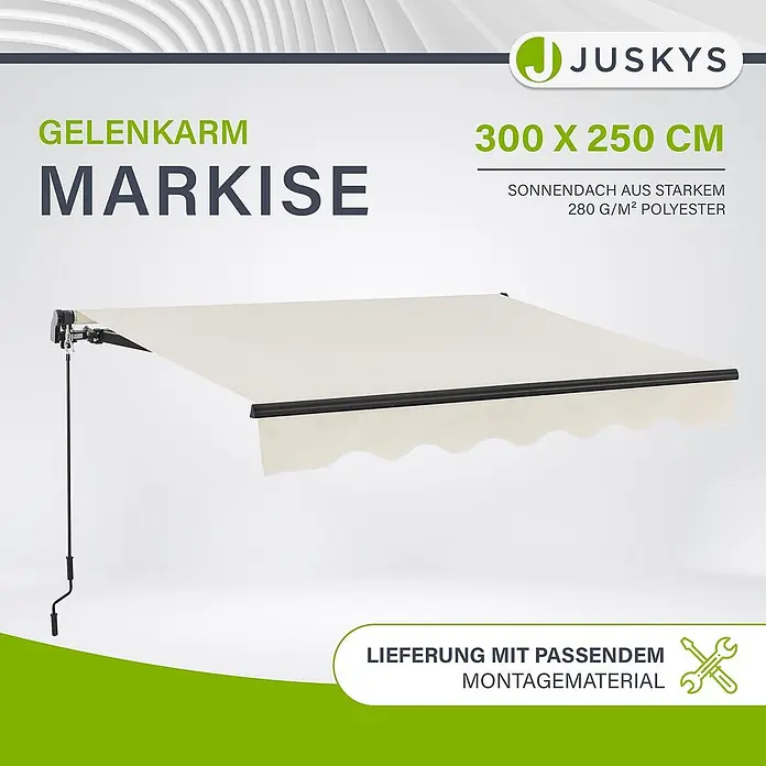 Juskys Standmarkise - beige, Breite: 3 m, Ausfall: 2,5 m - Cremefarbene Gelenkarmmarkise, 300x250 cm, aus starkem 280 g/m² Polyester, mit Kurbel.
