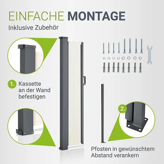 Juskys Klemmmarkise - beige, Breite: 5 m, Ausfall: 5 m - Montageanleitung für eine Seitenmarkise: Kassettenbefestigung, Pfostenverankerung und enthaltenes Montagezubehör.